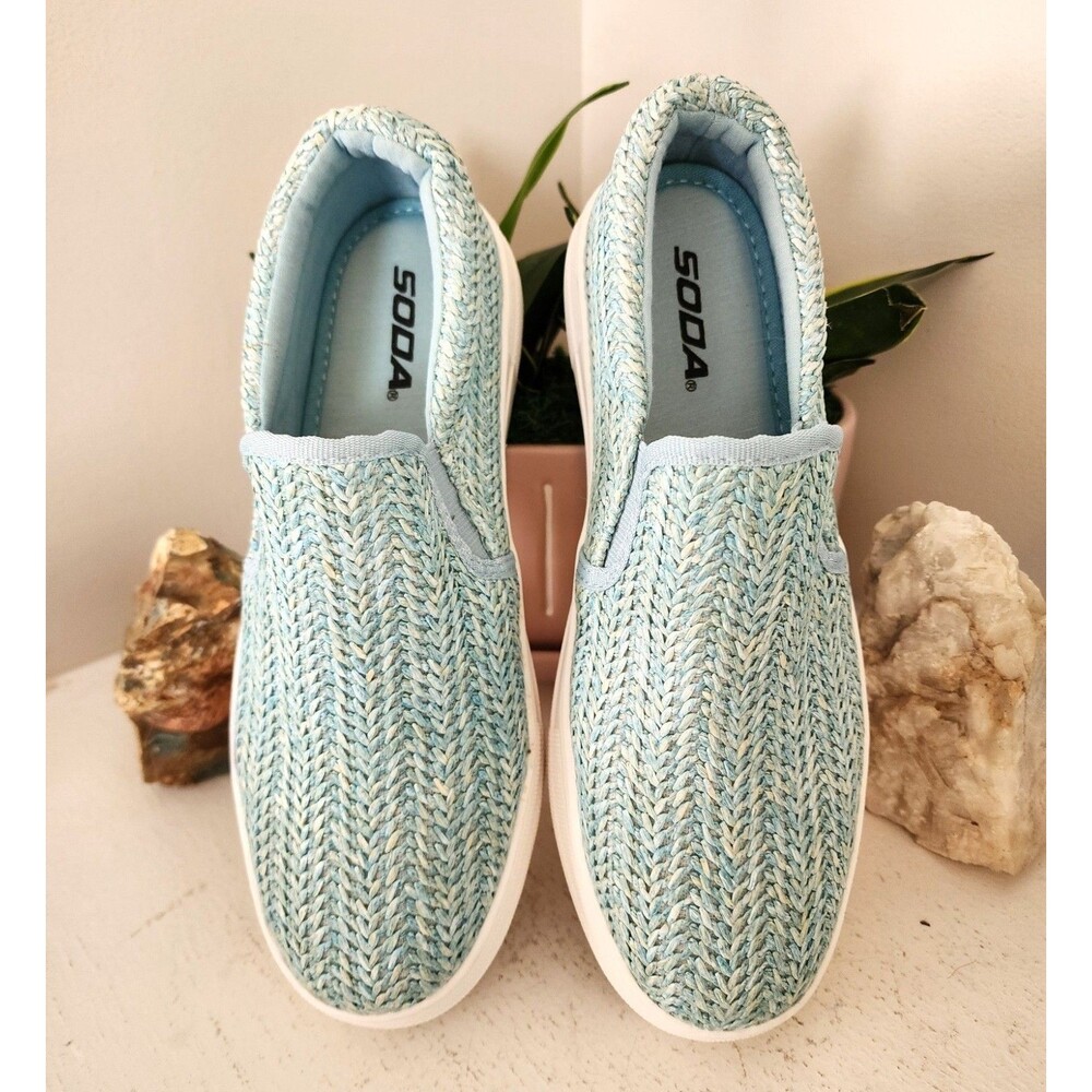Soda Brand Shoes - Baby Blue Raffia-top Slip on Loafers - Size 7